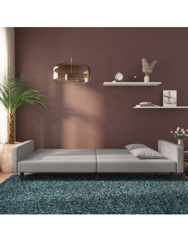 Divano Letto a 2 Posti con 2 Cuscini Grigio Chiaro in Velluto