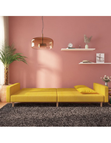 Divano Letto a 2 Posti con 2 Cuscini Giallo in Tessuto