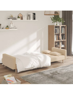 Divano Letto a 2 Posti con 2 Cuscini Crema in Tessuto 2