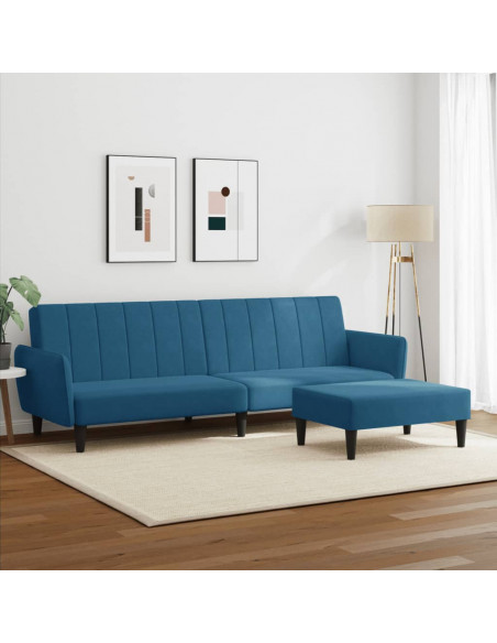 Divano Letto 2 Posti con Poggiapiedi Blu in Velluto
