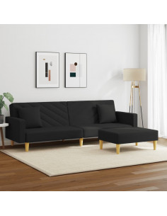Divano Letto 2 Posti con Cuscini e Poggiapiedi Nero in Tessuto 2