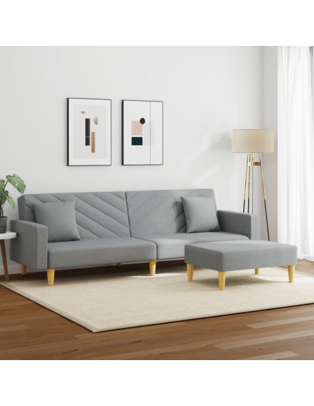 Divano Letto 2Posti Cuscini e Poggiapiedi Grigio Chiaro Tessuto