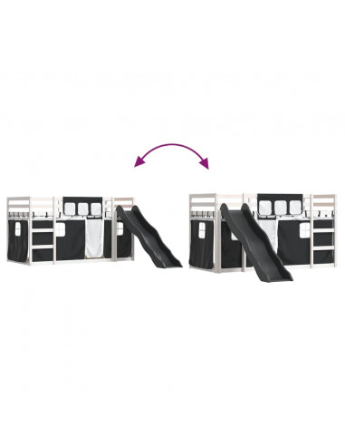 Letto a Castello con Scivolo e Tende Bianco e Nero 90x200 cm
