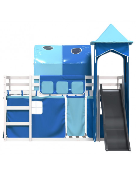 Letto a Castello con Scivolo e Tende Blu 90x200 cm