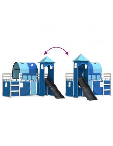 Letto a Castello con Scivolo e Tende Blu 90x200 cm