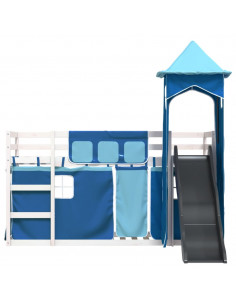 Letto a Castello con Scivolo e Tende Blu 90x200 cm