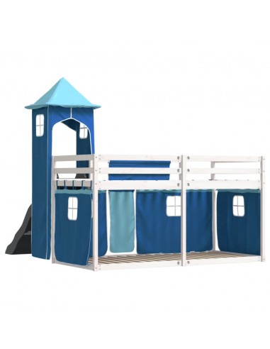 Letto a Castello con Scivolo e Tende Blu 90x200 cm