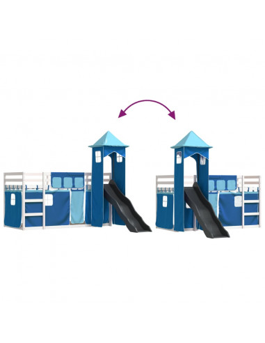 Letto a Castello con Scivolo e Tende Blu 90x200 cm