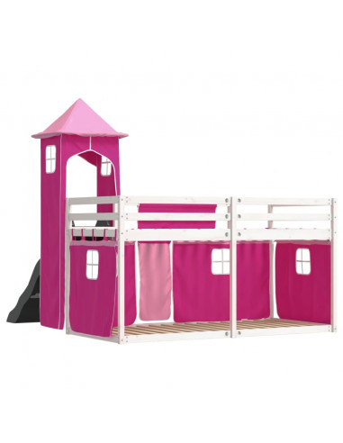 Letto a Castello con Scivolo e Tende Rosa 90x200 cm