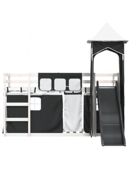 Letto a Castello con Scivolo e Tende Bianco e Nero 90x200 cm