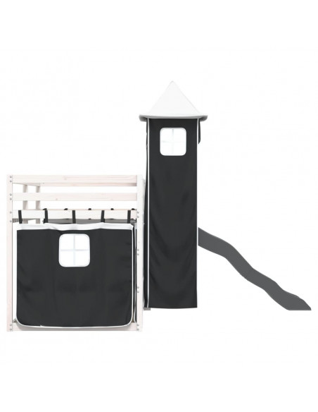 Letto a Castello con Scivolo e Tende Bianco e Nero 90x200 cm
