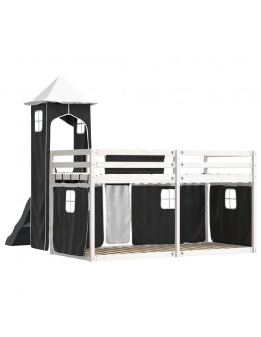 Letto a Castello con Scivolo e Tende Bianco e Nero 90x200 cm