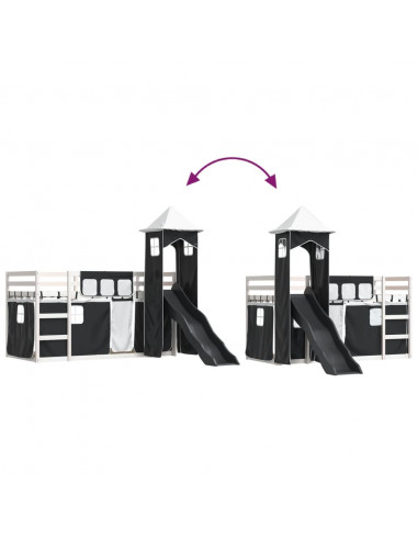 Letto a Castello con Scivolo e Tende Bianco e Nero 90x200 cm