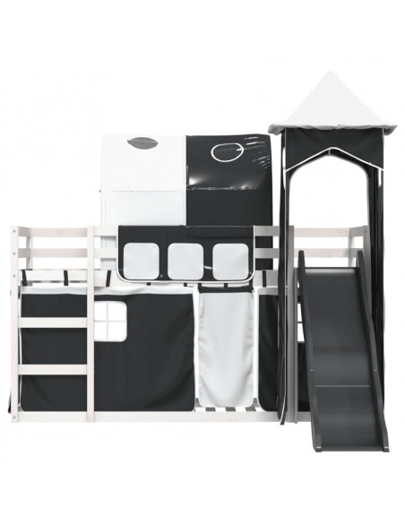 Letto a Castello con Scivolo e Tende Bianco e Nero 90x200 cm