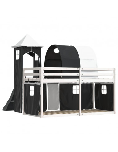 Letto a Castello con Scivolo e Tende Bianco e Nero 90x200 cm