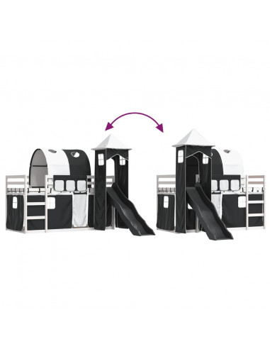 Letto a Castello con Scivolo e Tende Bianco e Nero 90x200 cm