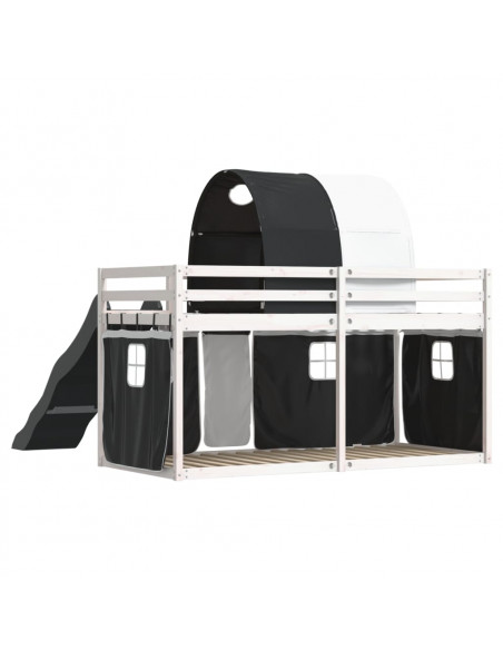 Letto a Castello con Scivolo e Tende Bianco e Nero 90x200 cm