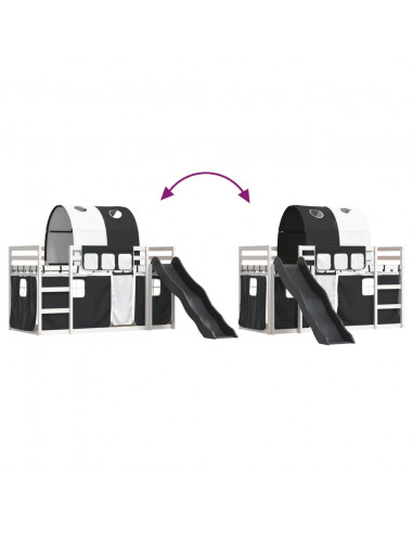 Letto a Castello con Scivolo e Tende Bianco e Nero 90x200 cm