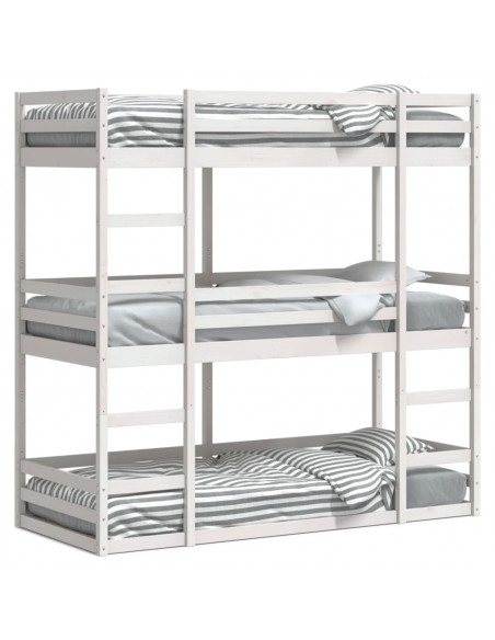 Letto a Castello Triplo Bianco 75x190 cm Legno Massello di Pino