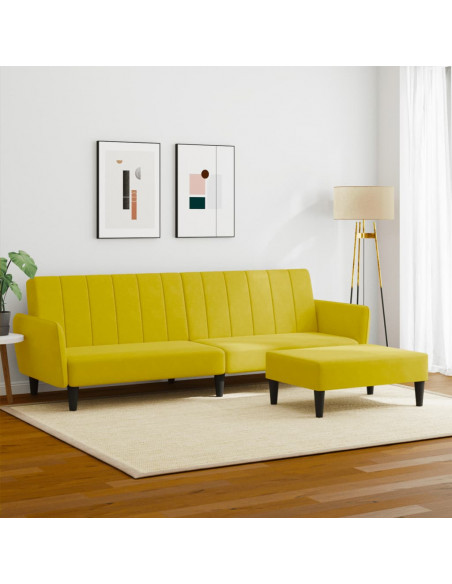 Divano Letto 2 Posti con Sgabello Giallo in Velluto