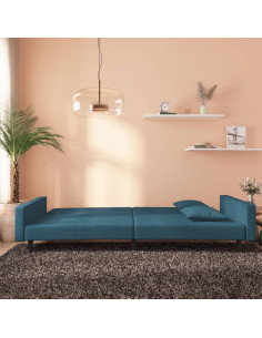 Divano Letto a 2 Posti con 2 Cuscini Blu in Velluto 2