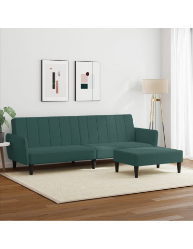 Divano Letto a 2 Posti con Poggiapiedi Verde Scuro in Velluto