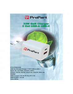 ProPart Carica Batterie QC GaN 33W PD 2 Output USB-A + USB-C