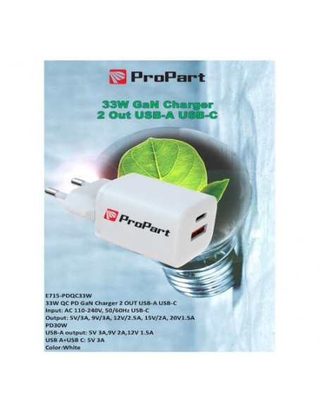 ProPart Carica Batterie QC GaN 33W PD 2 Output USB-A + USB-C