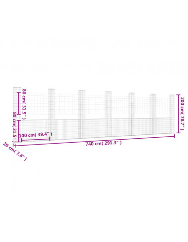 Gabbione a U con 7 Pali in Ferro 740x20x200 cm
