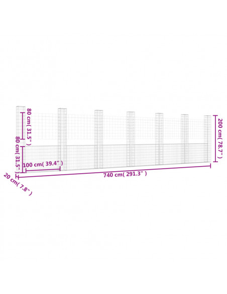 Gabbione a U con 7 Pali in Ferro 740x20x200 cm