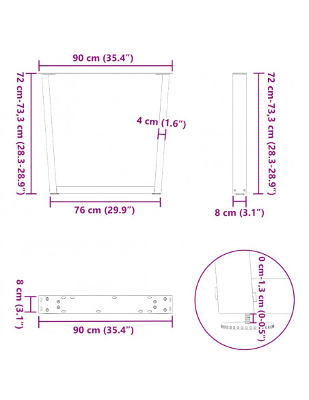 Gambe per Tavolo Pranzo a V 3pz Naturale 90x(72-73,3)cm Acciaio
