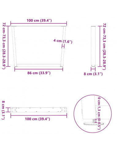 Gambe Tavolo Pranzo a V 3 pz Naturale 100x(72-73,3)cm Acciaio