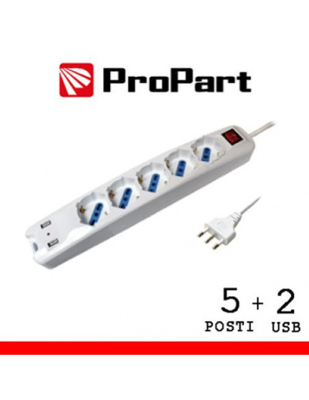 ProPart Multipresa 5pos bipasso/schuko + USB spina16A +interr.