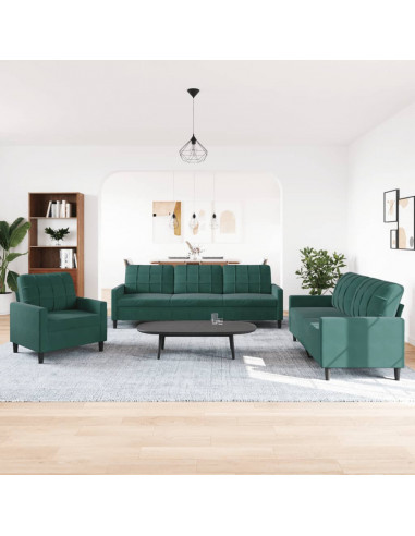 Set di Divani 3 pz con Cuscini Verde scuro in Velluto