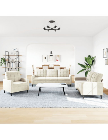 Set di Divani 3 pz con Cuscini Crema in Velluto