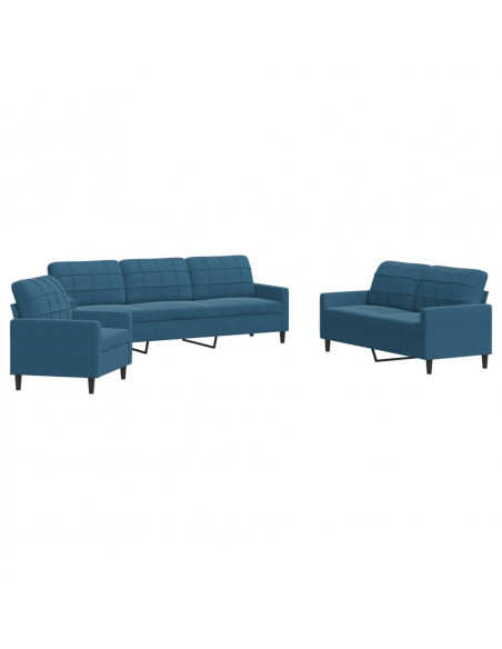 Set di Divani 3 pz con Cuscini Blu in Velluto