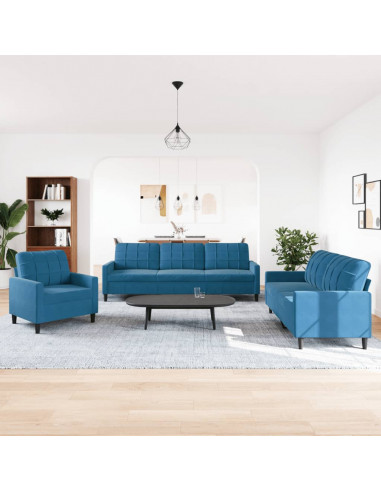 Set di Divani 3 pz con Cuscini Blu in Velluto