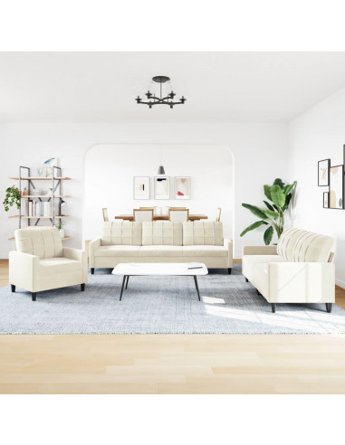 Set di Divani 3 pz con Cuscini Crema in Velluto