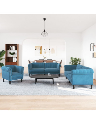 Set di Divani 3 pz Blu in Velluto