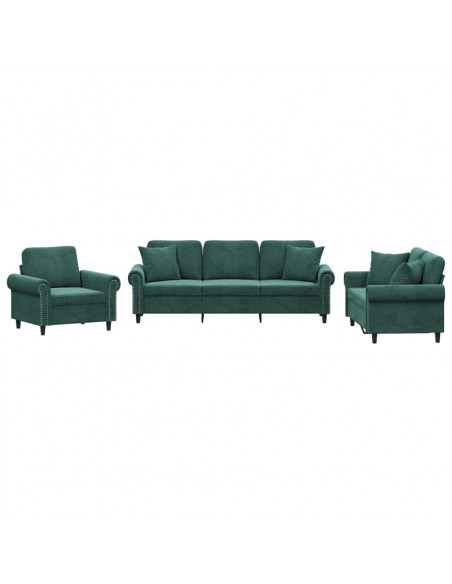 Set di Divani 3 pz con Cuscini Verde Scuro in Velluto