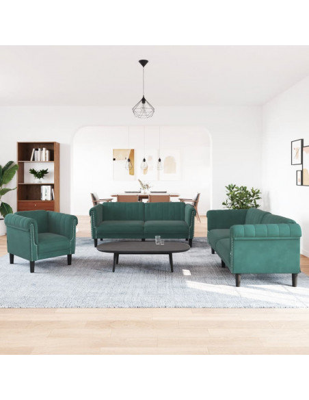 Set di Divani 3 pz Verde Scuro in Velluto