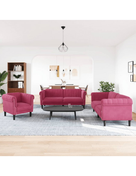 Set di Divani 3 pz Rosso Vino in Velluto