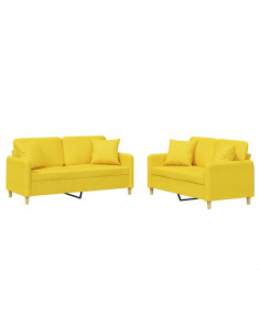 Set di Divani 2 pz con Cuscini Giallo Chiaro in Tessuto 2
