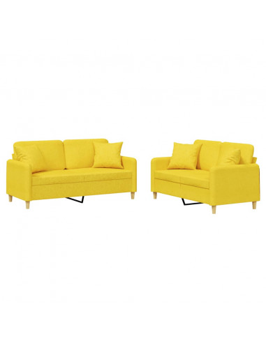 Set di Divani 2 pz con Cuscini Giallo Chiaro in Tessuto