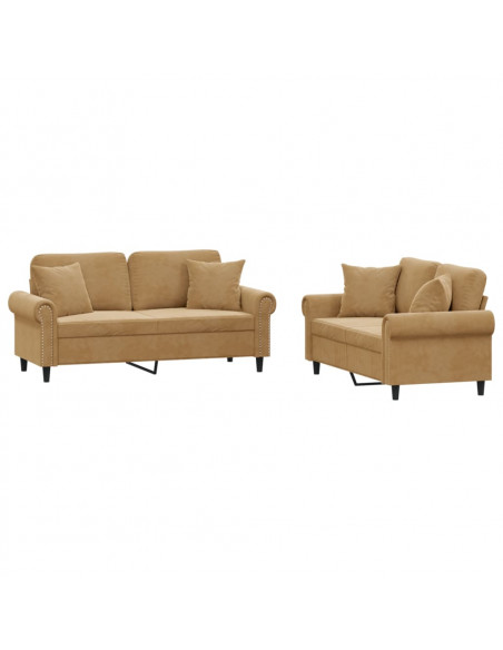 Set di Divani 2 pz con Cuscini Marrone in Velluto