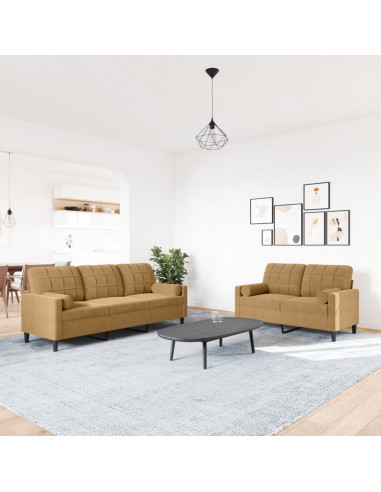 Set di Divani 2 pz con Cuscini e Rinforzi Marrone in Velluto