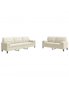 Set di Divani 2 pz con Cuscini e Rinforzi Crema in Velluto 2