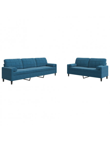 Set di Divani 2 pz con Cuscini e Rinforzi Blu in Velluto