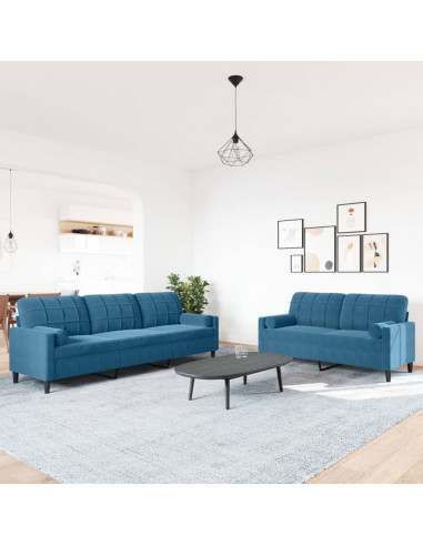 Set di Divani 2 pz con Cuscini e Rinforzi Blu in Velluto