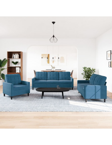 Set di Divani 3 pz con Cuscini Blu in Velluto